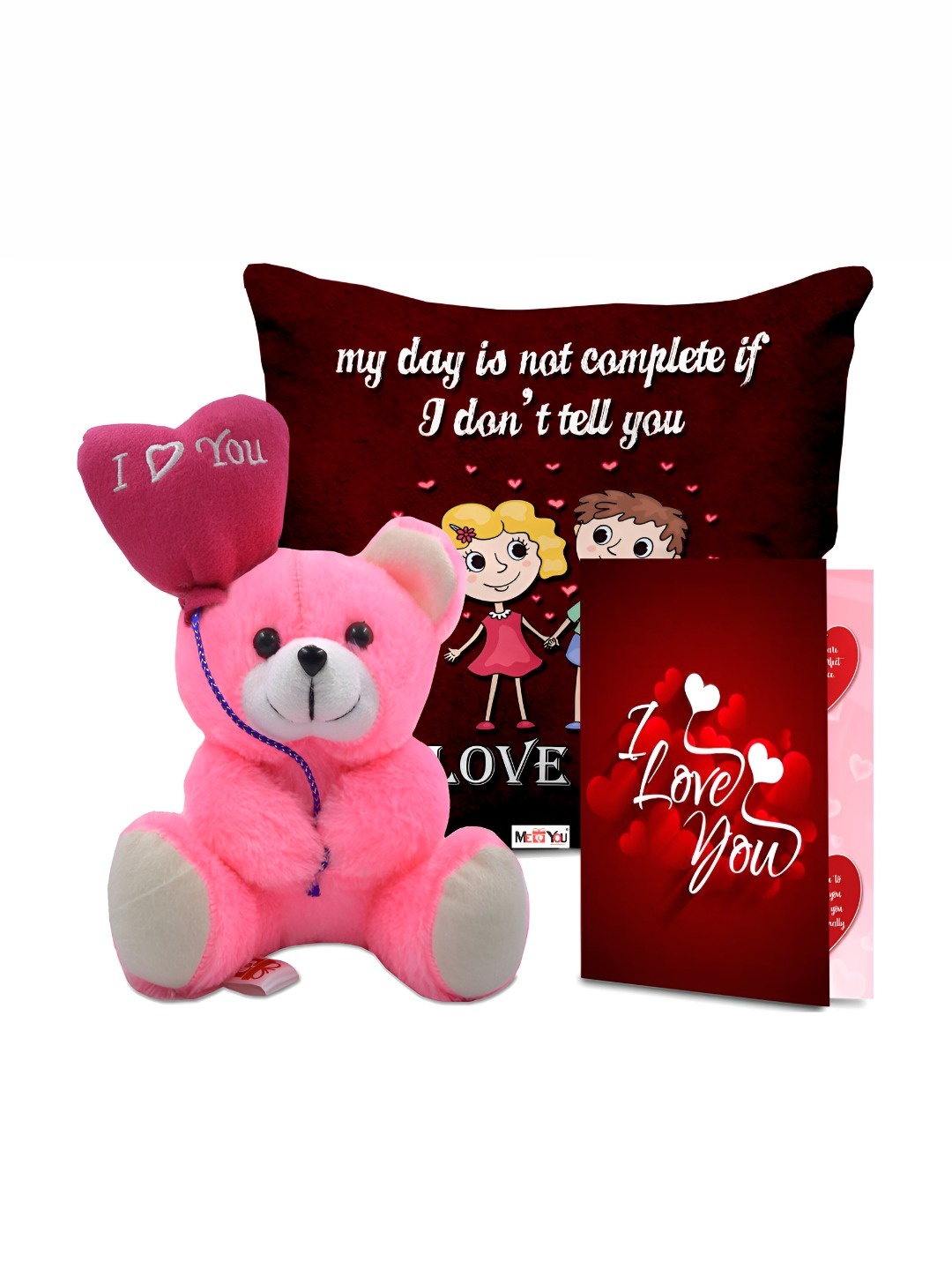 

ME & YOU 3-Pcs Maroon & Pink Printed Cushion Teddy & Greeting Card Valentine Gift Set