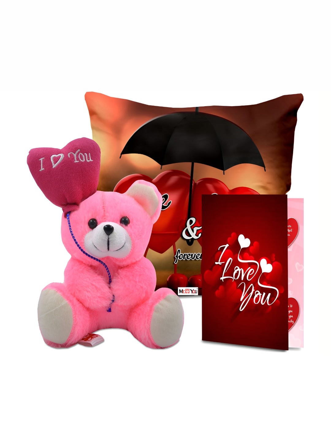 

ME & YOU Orange Coloured & Pink 3 Pieces Cushion Teddy & Greeting Card Valentine Gift Set
