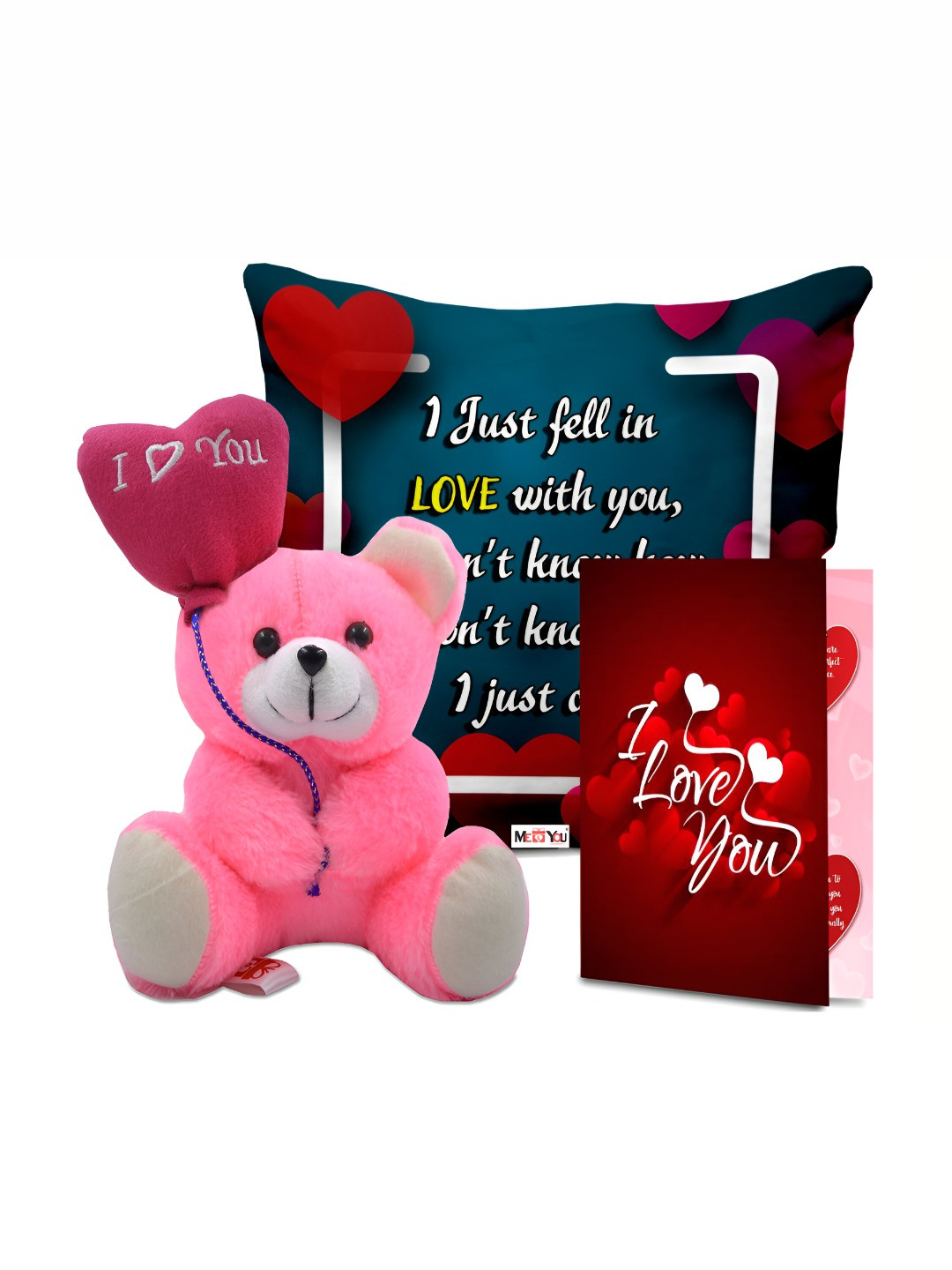 

ME & YOU 3-Pcs Teal Green & Pink Printed Cushion Teddy & Greeting Card Valentine Gift Set