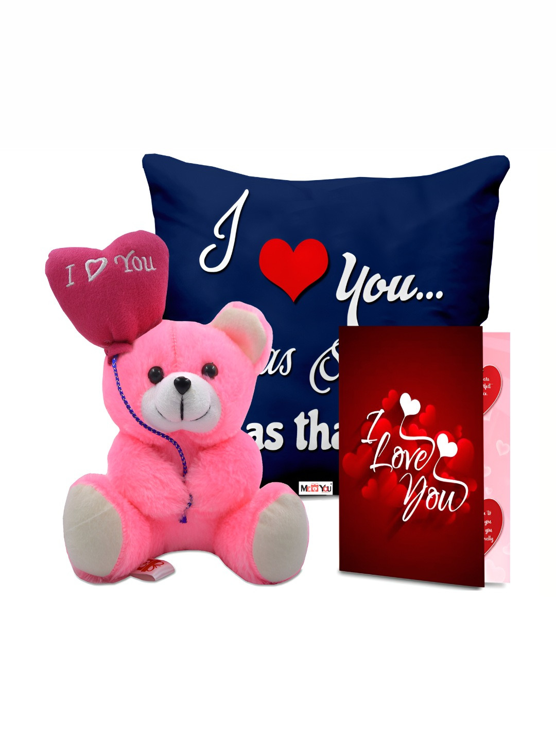 

ME & YOU 3-Pcs Blue & Pink Printed Cushion Teddy & Greeting Card Valentine Gift Set