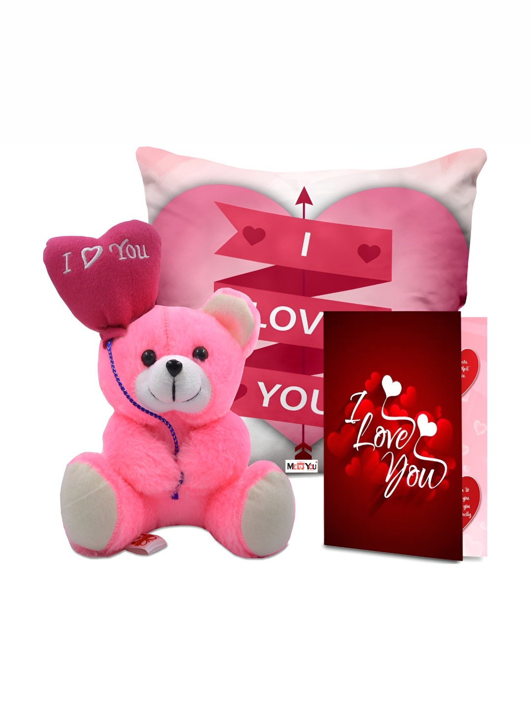 

ME & YOU Pink & Red 3 Pieces Printed Cushion Teddy & Greeting Card Valentine Gift Set