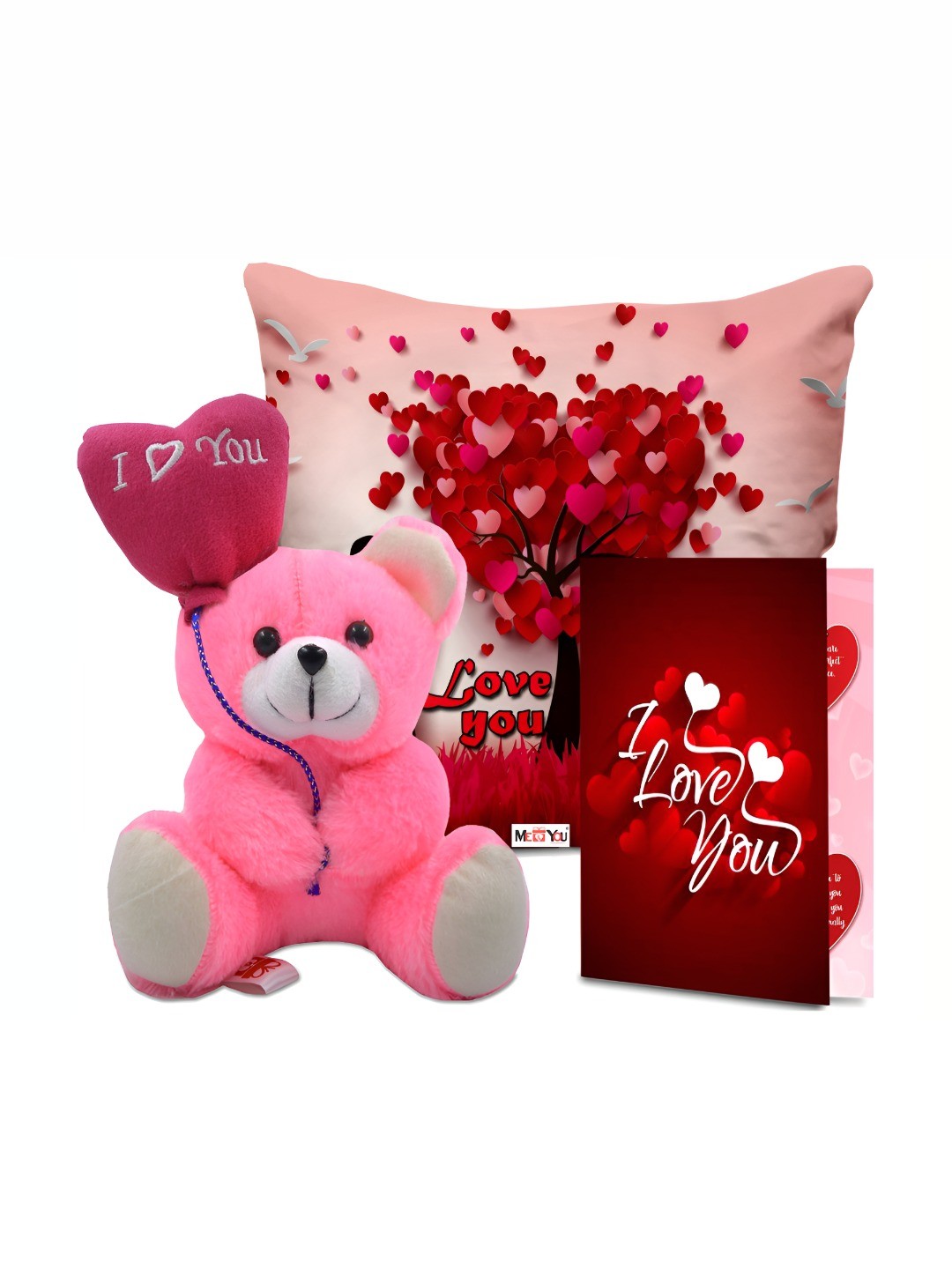

ME & YOU 3-Pcs Red & Pink Printed Cushion Teddy & Greeting Card Valentine Gift Set