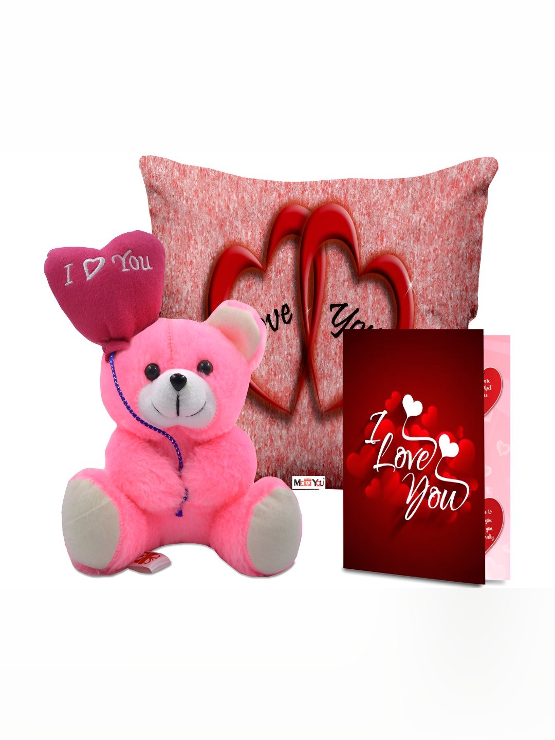 

ME & YO Pink & Red 3 Pieces Printed Cushion Teddy & Greeting Card Valentine Gift Set
