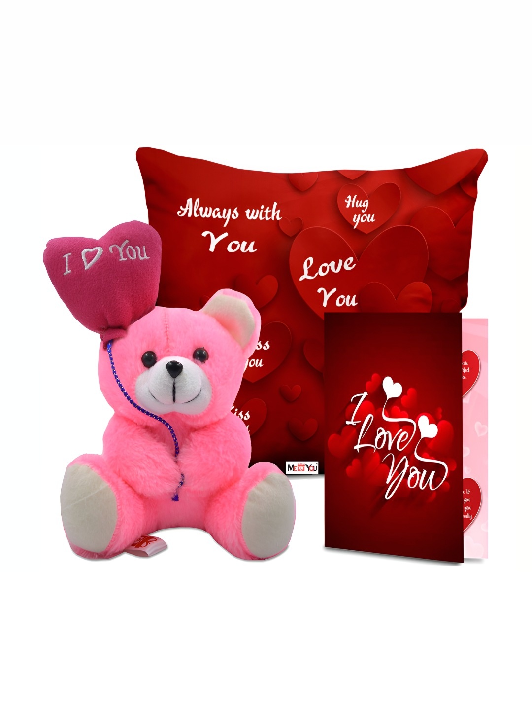 

ME & YOU Red & Pink 3 Pieces Printed Cushion Teddy & Greeting Card Valentine Gift Set