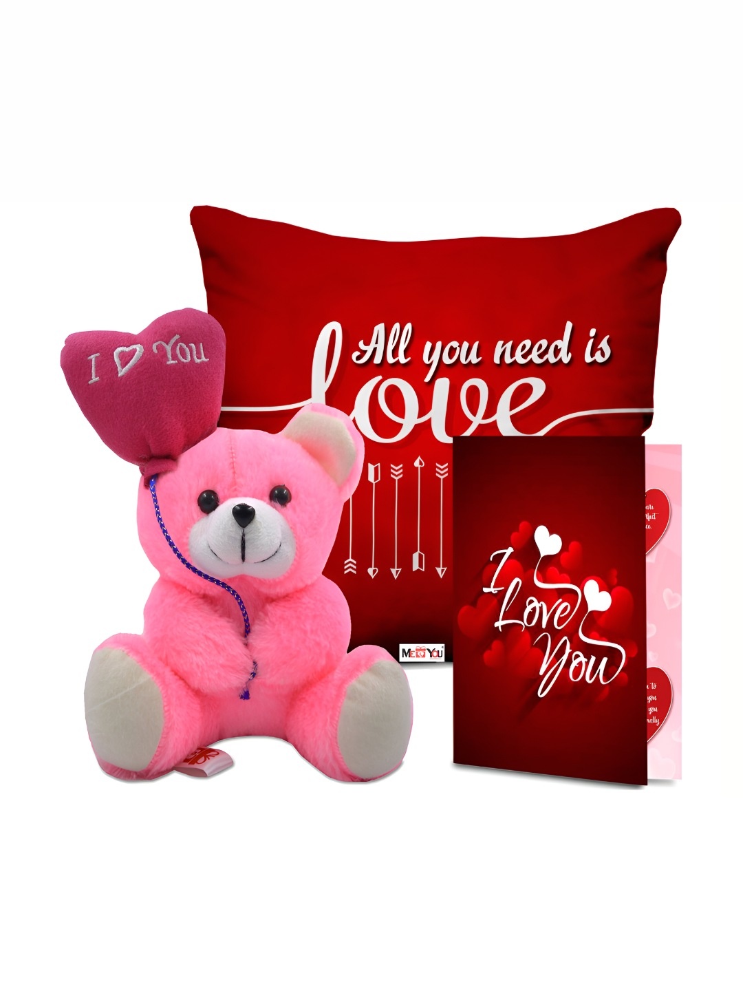 

ME & YOU 3-Pcs Red & Pink Printed Cushion Teddy & Greeting Card Valentine Gift Set