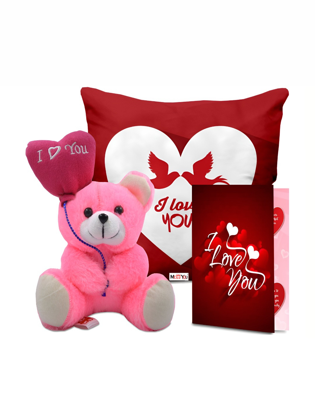 

ME & YOU Red & Pink 3 Pieces Printed Cushion With Teddy & Card Home Gift Set