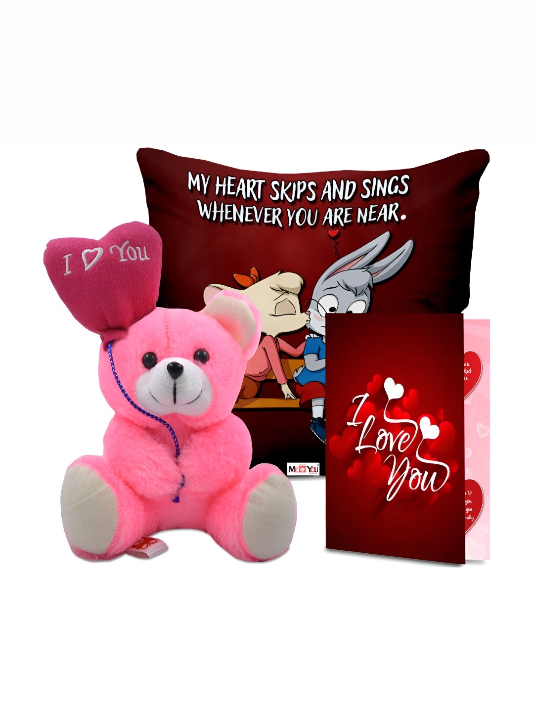 

ME & YOU Maroon & Pink 3 Pieces Printed Cushion Teddy & Greeting Card Valentine Gift Set
