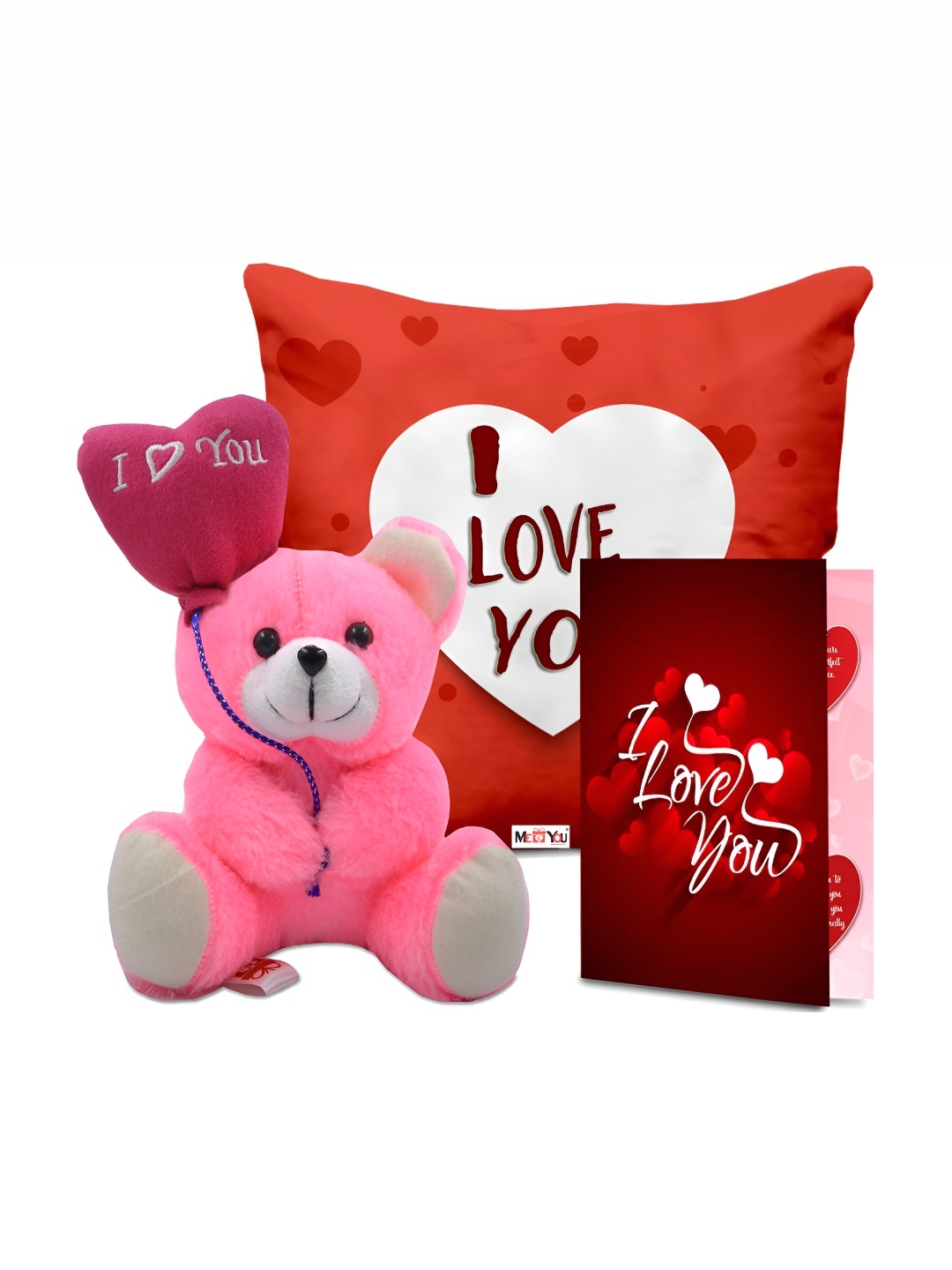 

ME & YOU Red & Pink Printed Cushion With Teddy & Card Home Gift Set
