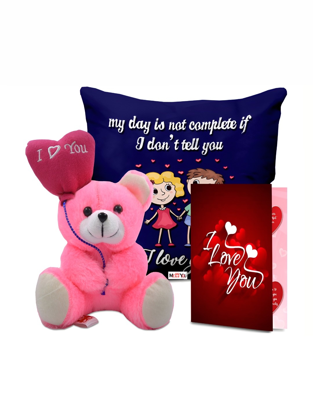 

ME & YOU 3-Pcs Blue & Pink Printed Cushion Teddy & Greeting Card Valentine Gift Set