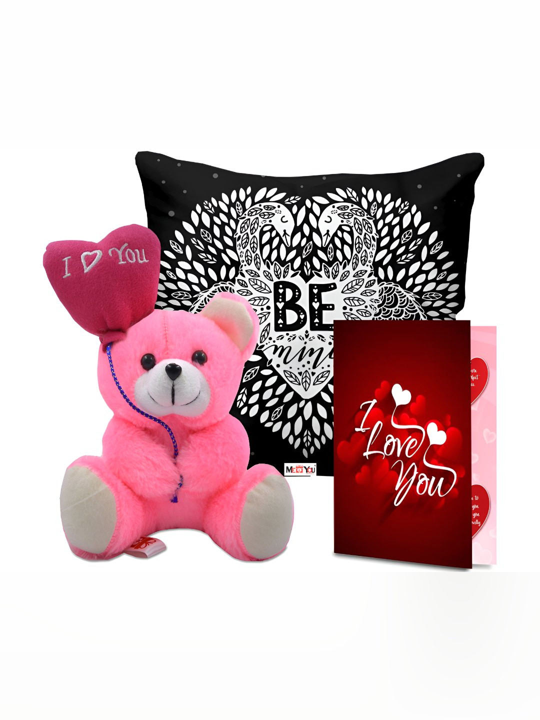 

ME & YOU 3-Pcs Black & Pink Printed Cushion Teddy & Greeting Card Valentine Gift Set