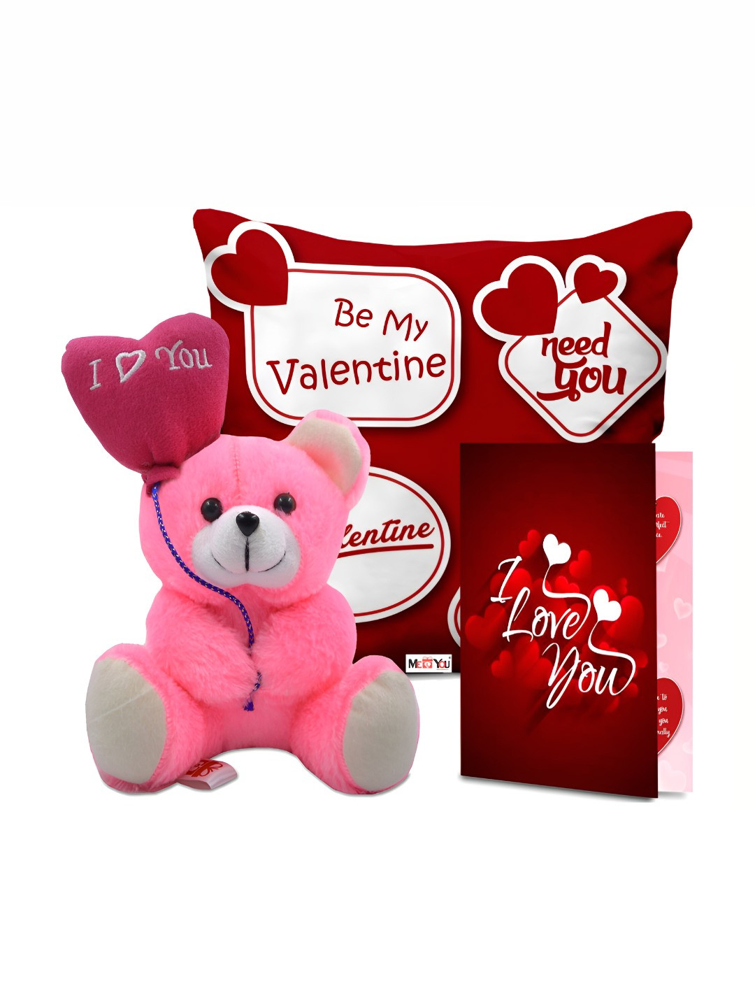

ME & YOU Red & Pink 3 Pieces Printed Cushion Teddy & Greeting Card Valentine Gift Set
