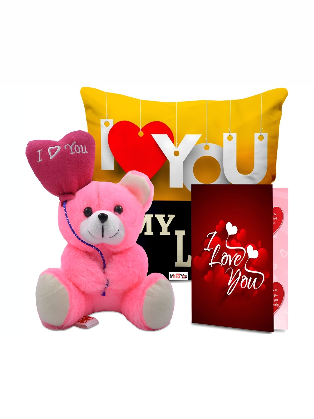 

ME & YOU 3-Pcs Yellow & Pink Printed Cushion Teddy & Greeting Card Valentine Gift Set