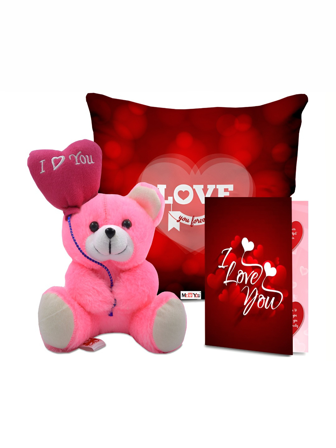 

ME & YOU 3-Pcs Red & Pink Printed Cushion Teddy & Greeting Card Valentine Gift Set