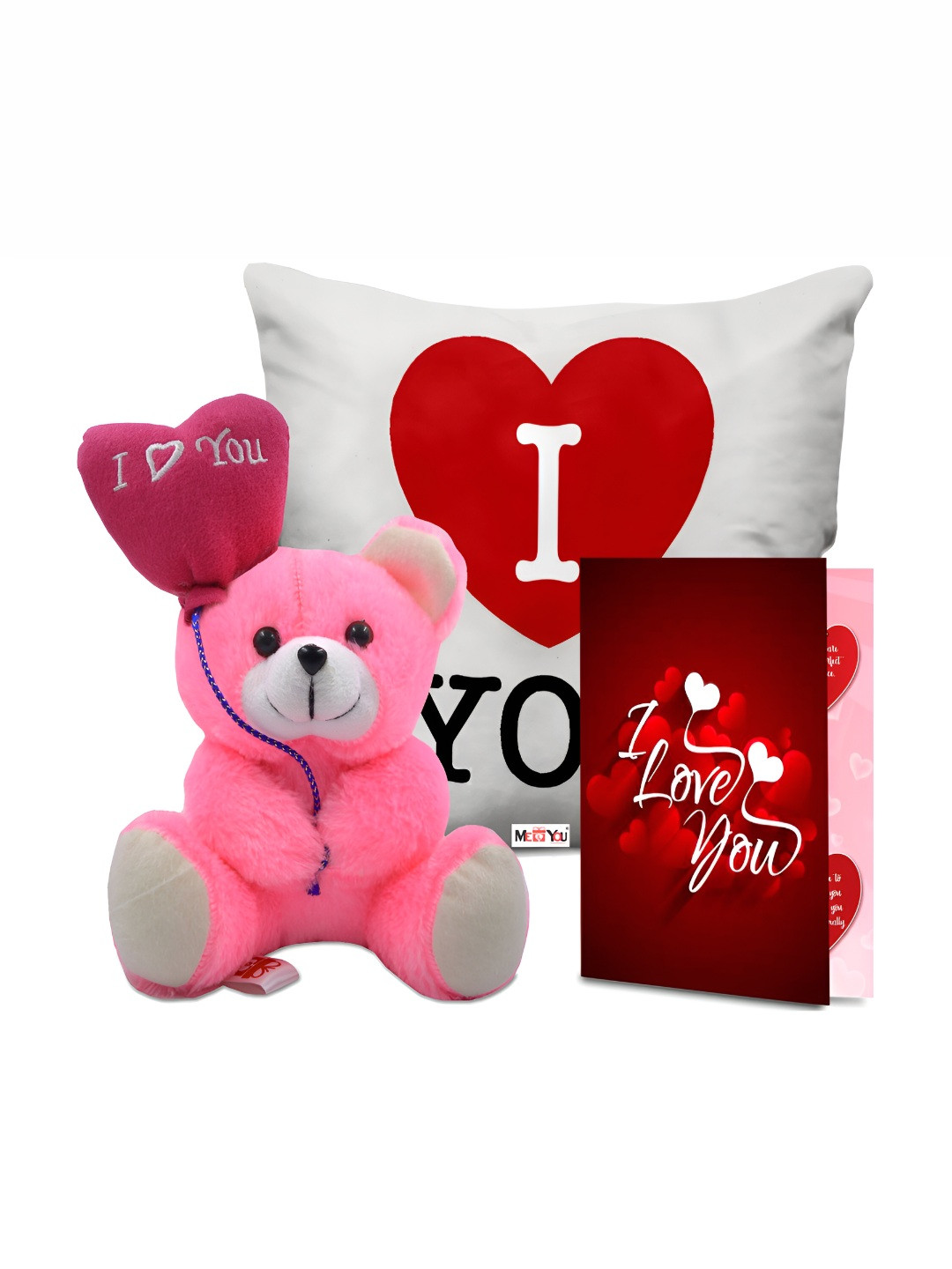 

ME & YOU 3-Pcs White & Pink Printed Cushion Teddy & Greeting Card Valentine Gift Set