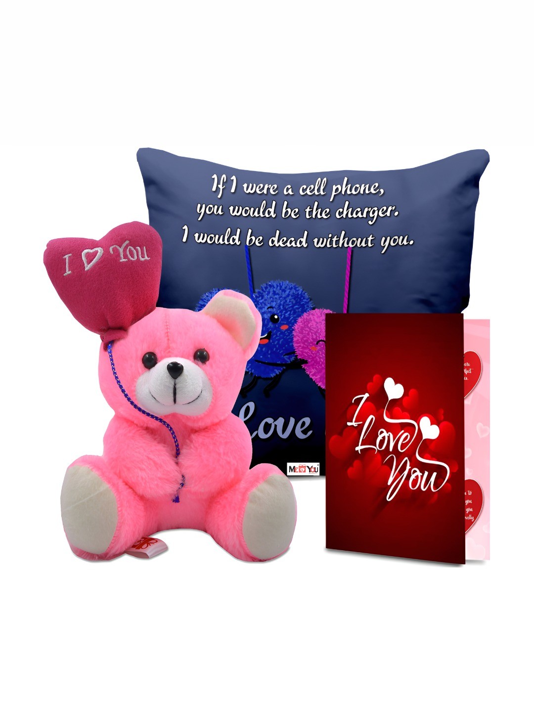 

ME & YOU 3-Pcs Blue & Pink Printed Cushion Teddy & Greeting Card Valentine Gift Set