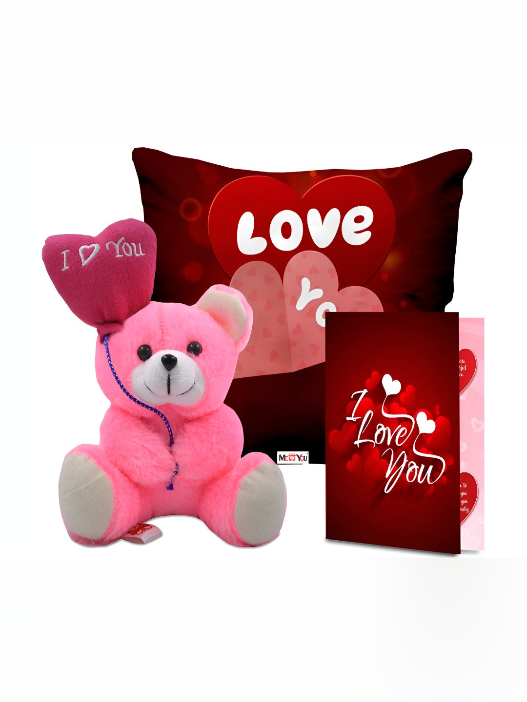 

ME & YOU Maroon & Pink 3 Pieces Printed Cushion Teddy & Greeting Card Valentine Gift Set