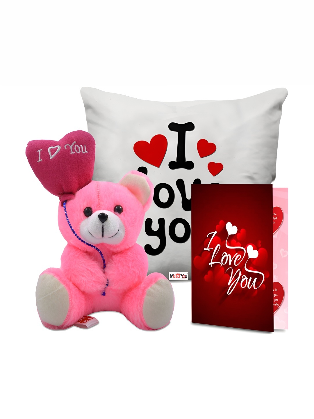 

ME & YOU White & Pink 3 Pieces Printed Cushion Teddy & Greeting Card Valentine Gift Set