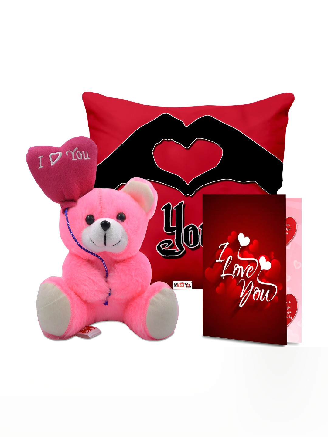 

ME & YOU 3-Pcs Red & Pink Printed Cushion Teddy & Greeting Card Valentine Gift Set