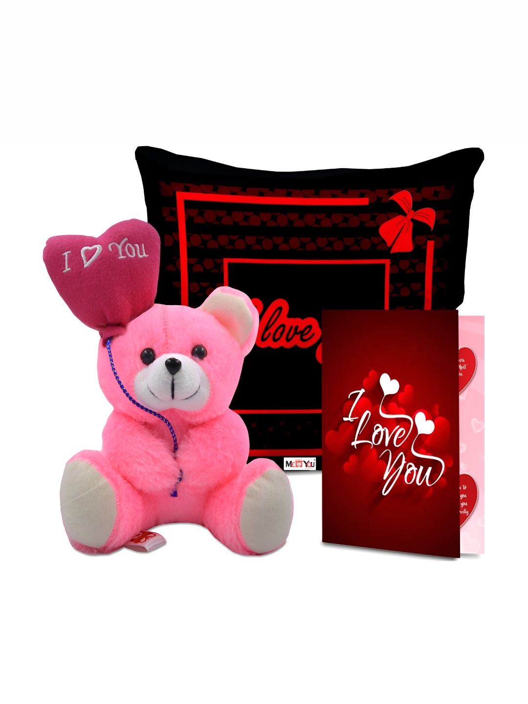 

ME & YOU Red & Pink 3 Pieces Printed Cushion Teddy & Greeting Card Valentine Gift Set