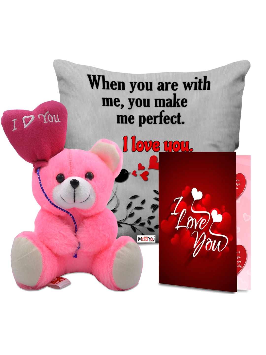 

ME & YOU 3Pcs Pink & Red Printed Cushion Teddy Card Valentine Gift Set