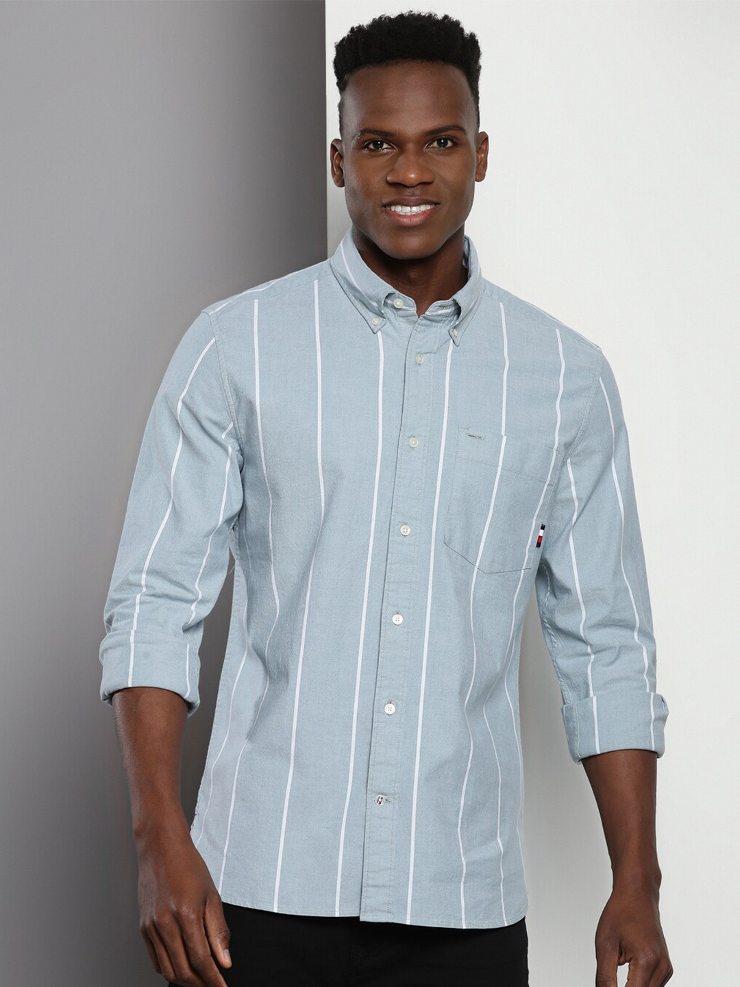 

Tommy Hilfiger Vertical Striped Button-Down Collar Pure Cotton Casual Shirt, Blue