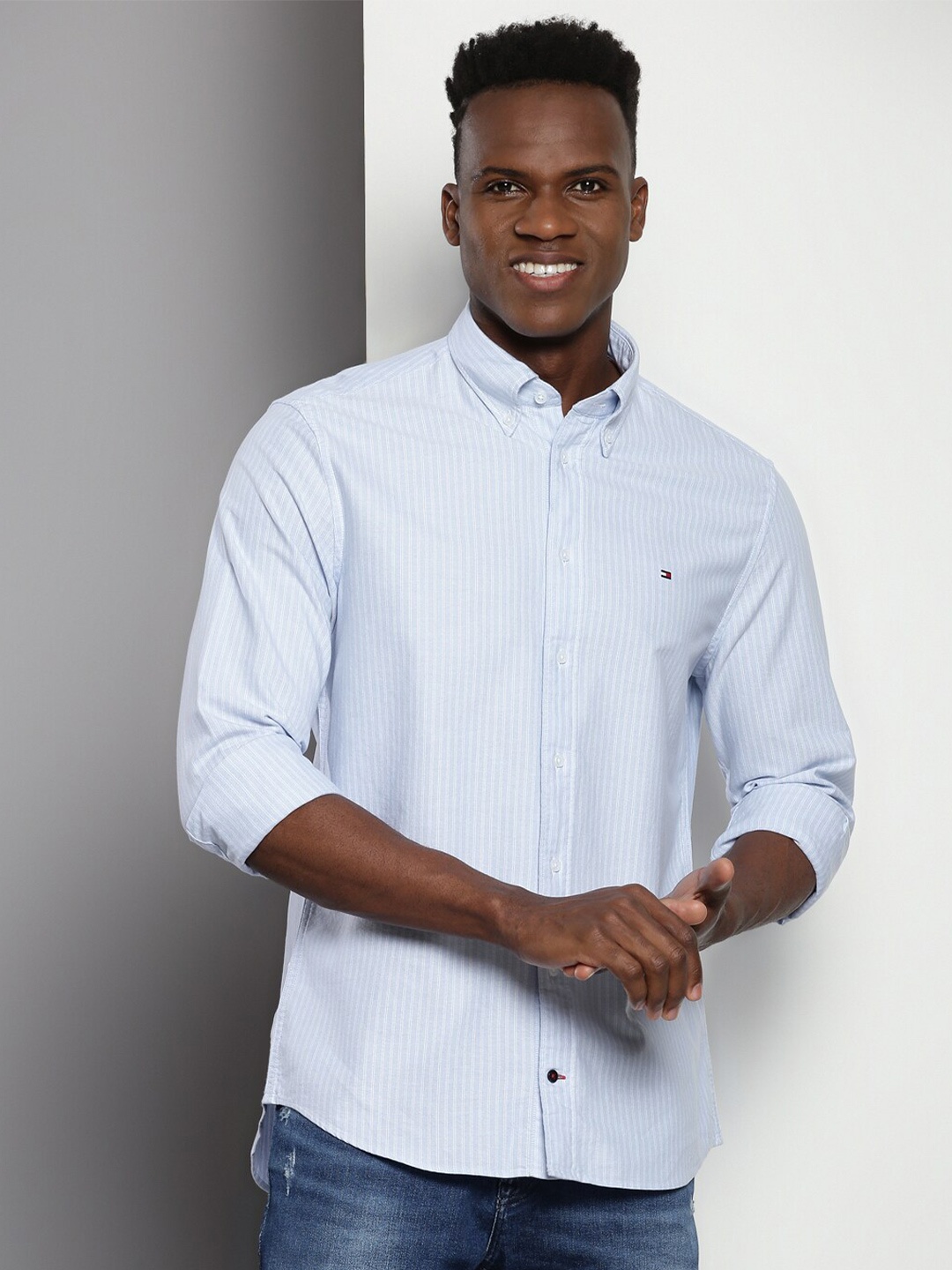 

Tommy Hilfiger Vertical Striped Button-Down Collar Pure Cotton Casual Shirt, Blue