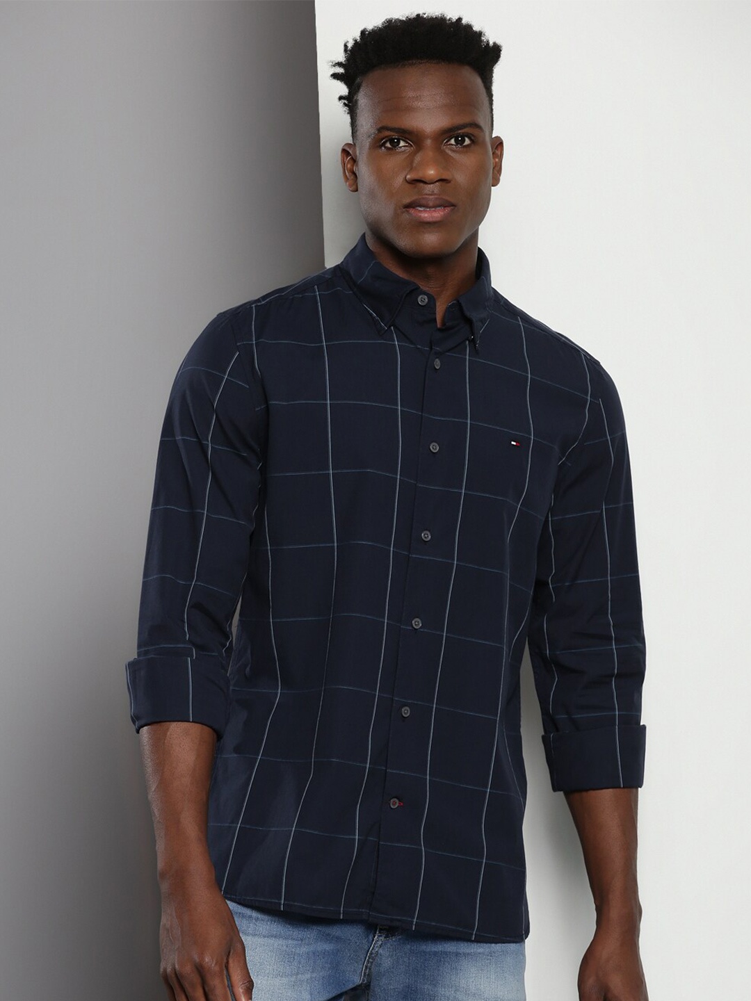 

Tommy Hilfiger Windowpane Checked Pure Cotton Casual Shirt, Blue