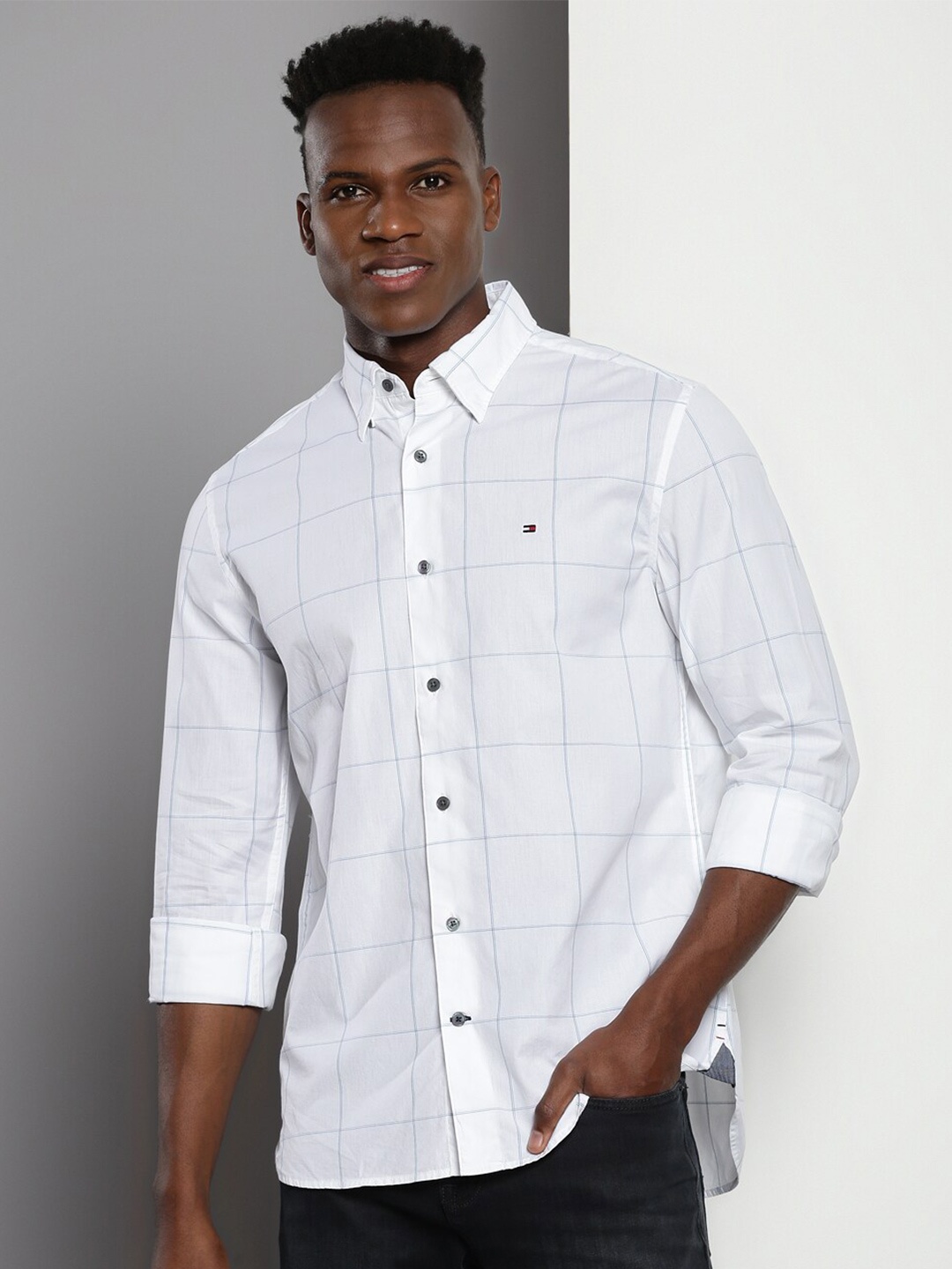 

Tommy Hilfiger Windowpane Checked Pure Cotton Casual Shirt, White