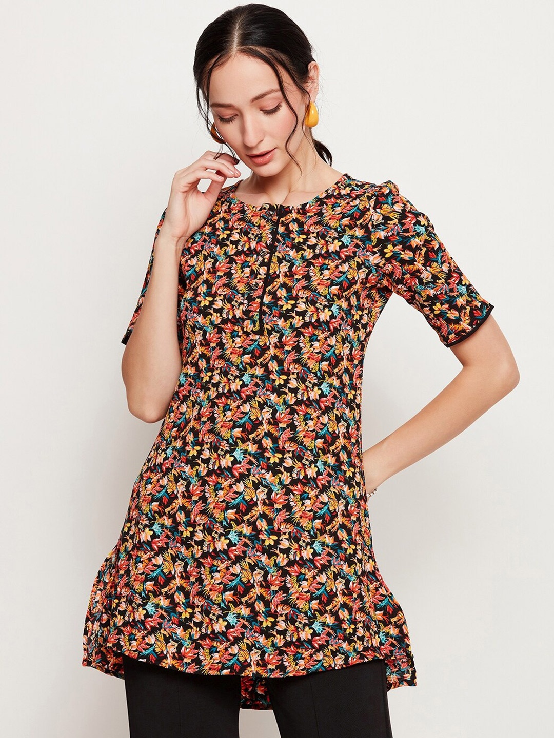 

BAESD Floral Printed Round Neck Crepe Tunic, Black