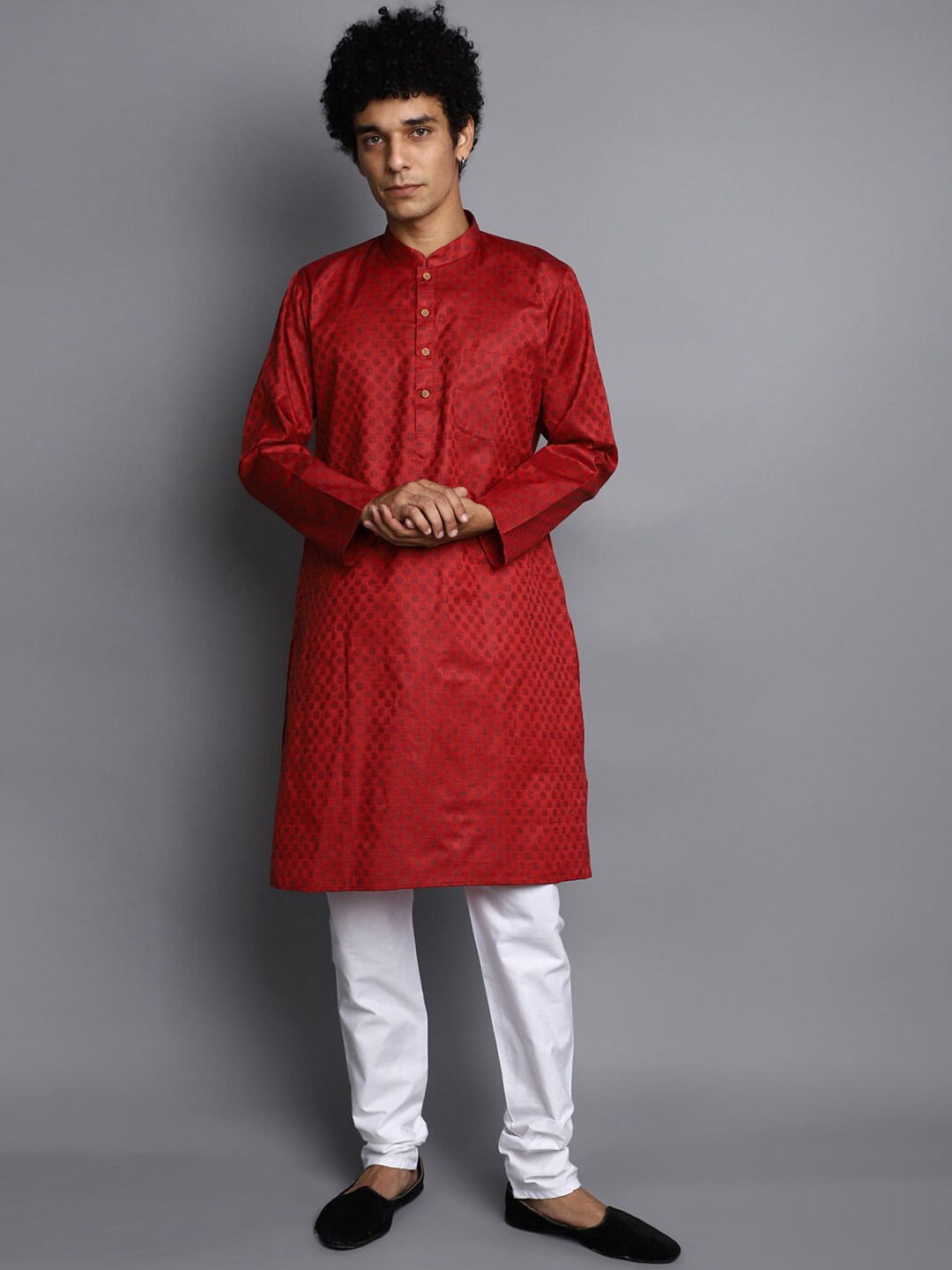 

V-Mart Mandarin Collar Checked Woven Design Dobby Weave Straight Kurta With Churidar, Maroon