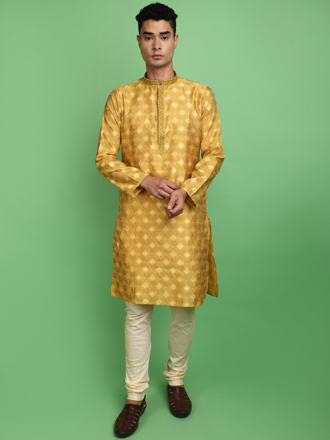 

V-Mart Ethnic Motifs Thread Work Jacquard Weave Straight Kurta With Churidar, Mustard