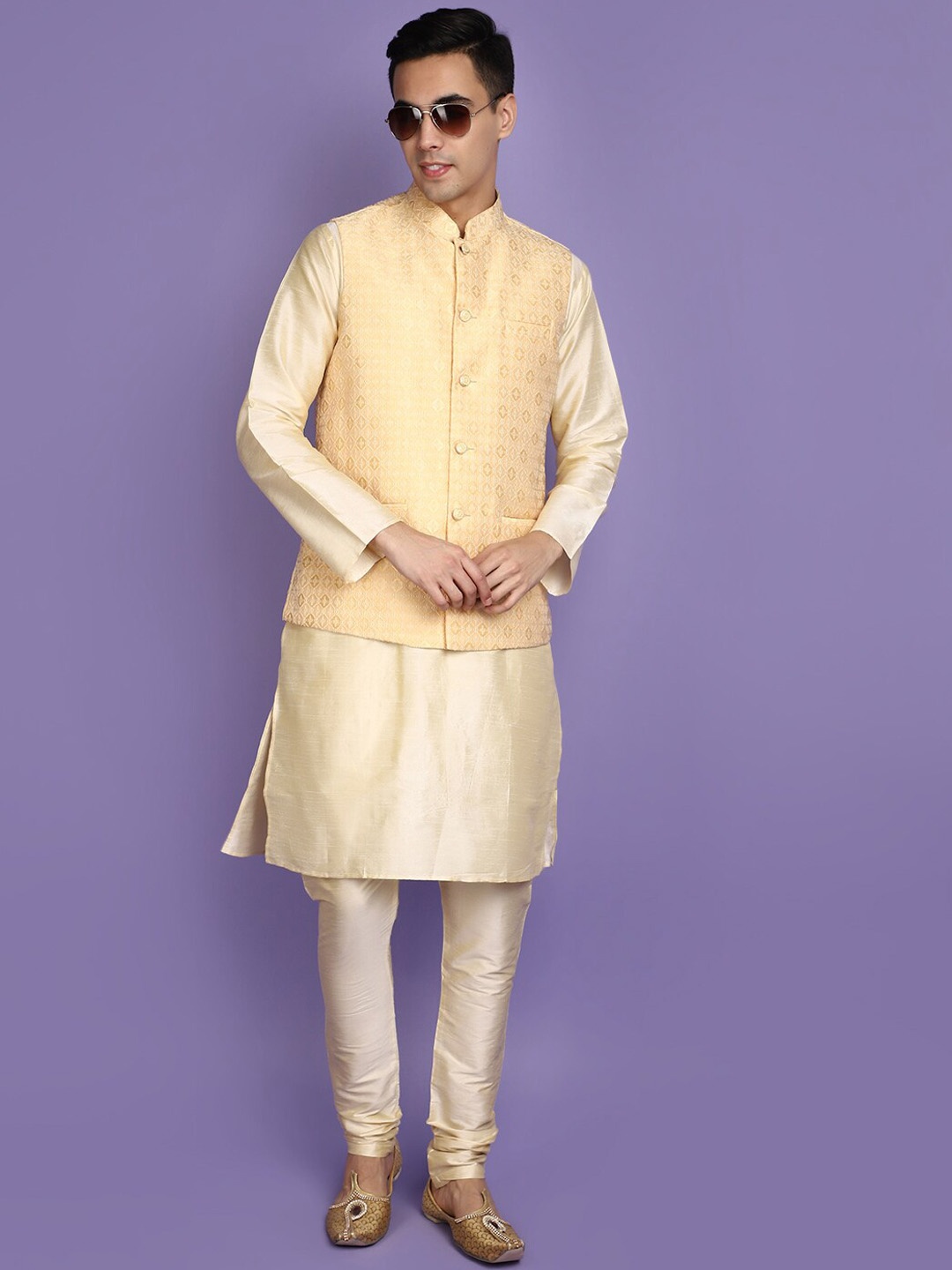 

V-Mart Mandarin Collar Jacquard Weave Straight Kurta With Churidar & Nehru jacket, Gold
