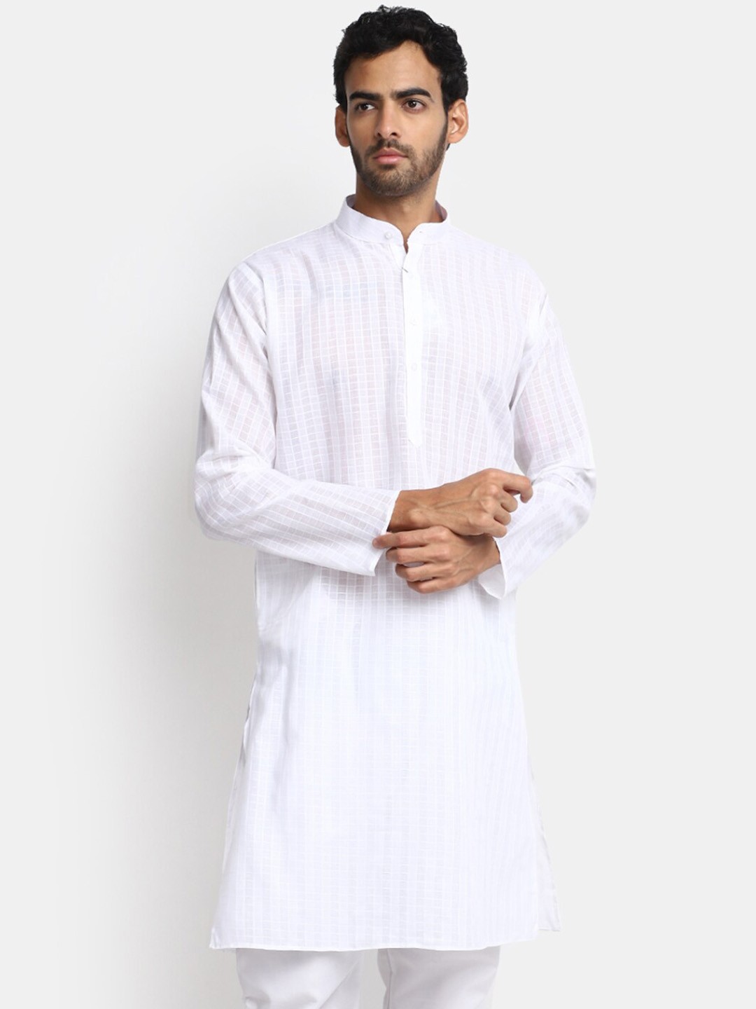 

V-Mart Textured Mandarin Collar Dobby Weave Straight Kurta With Churidar, White