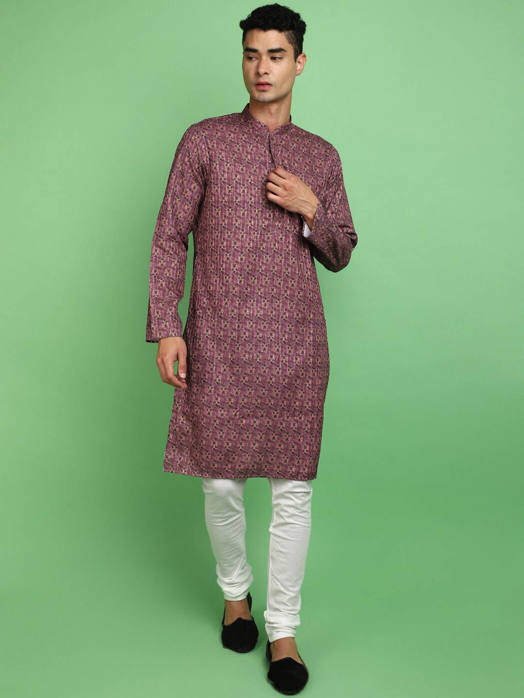 

V-Mart Ethnic Motifs Printed Zari Jacquard Weave Straight Kurta With Churidar, Pink