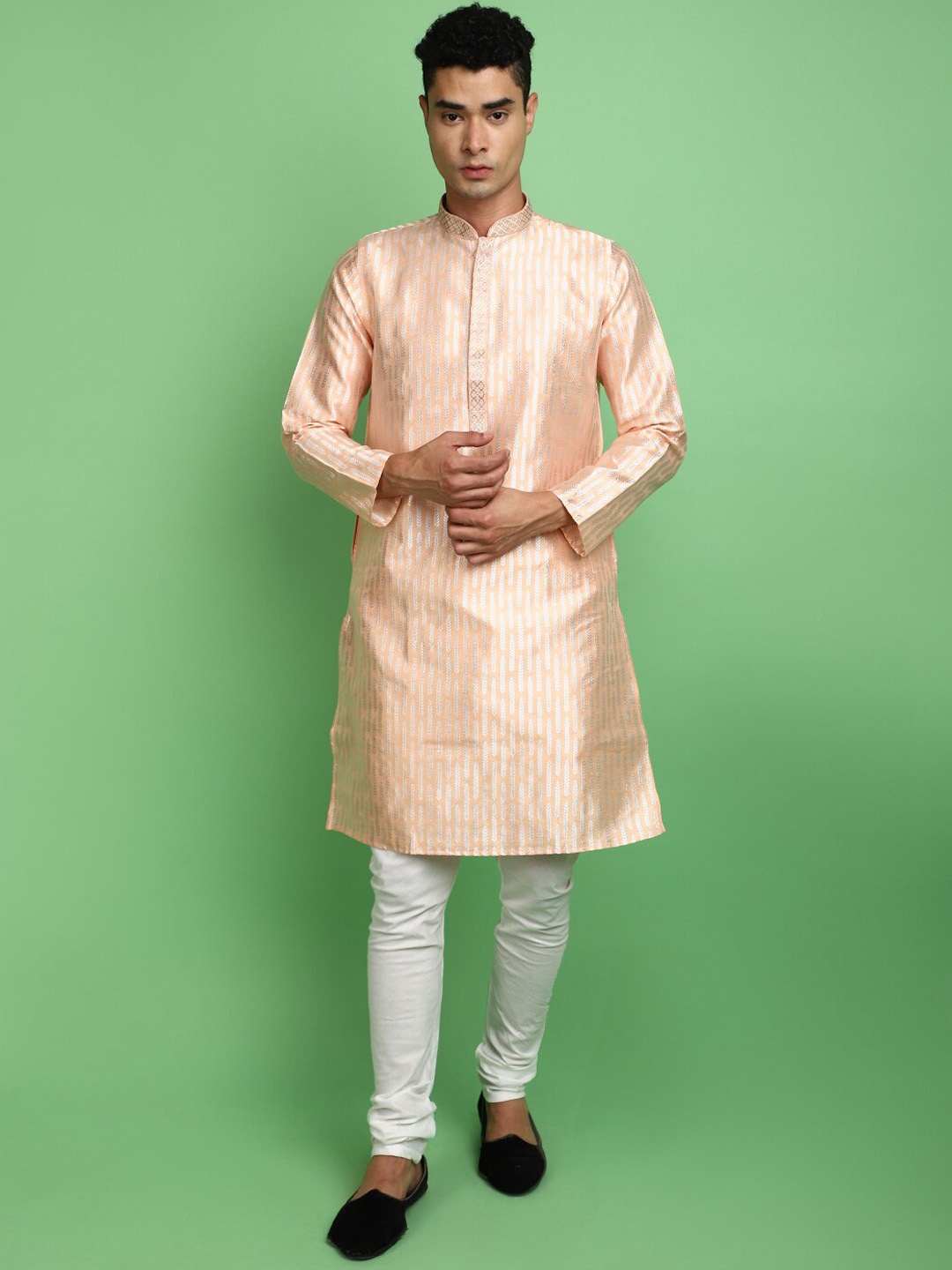 

V-Mart Striped Mandarin Collar Regular Kurta with Churidar, Peach