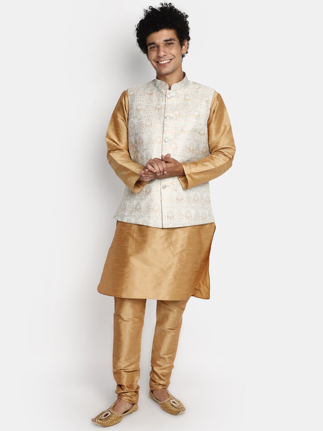 

V-Mart Mandarin Collar Jacquard Weave Straight Kurta With Churidar & Nehru jacket, Beige