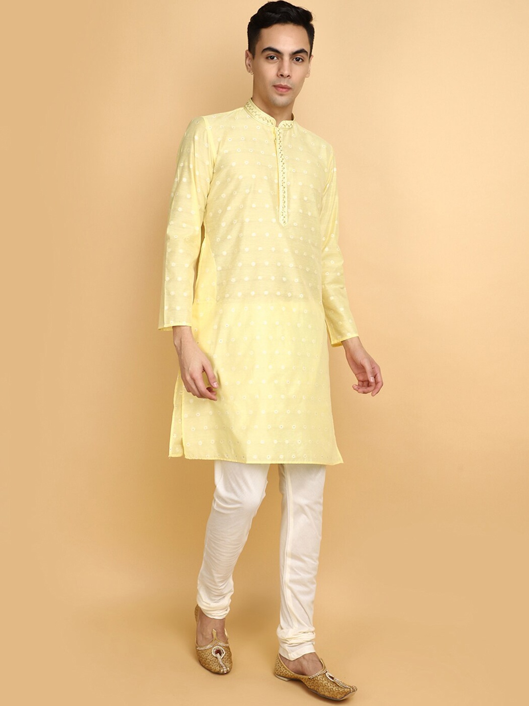 

V-Mart Ethnic Motifs Woven Design Thread Work Jacquard Weave Straight Kurta With Churidar, Yellow