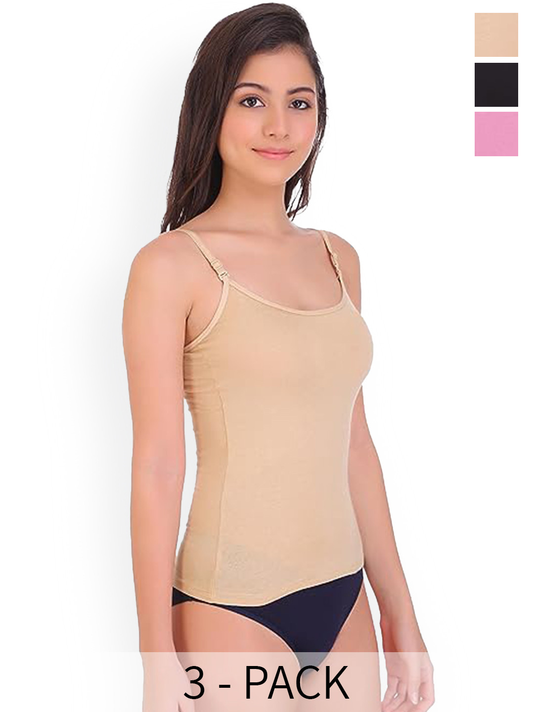 

CoolTees4U Pack Of 3 Shoulder Straps Pure Cotton Camisoles, Beige