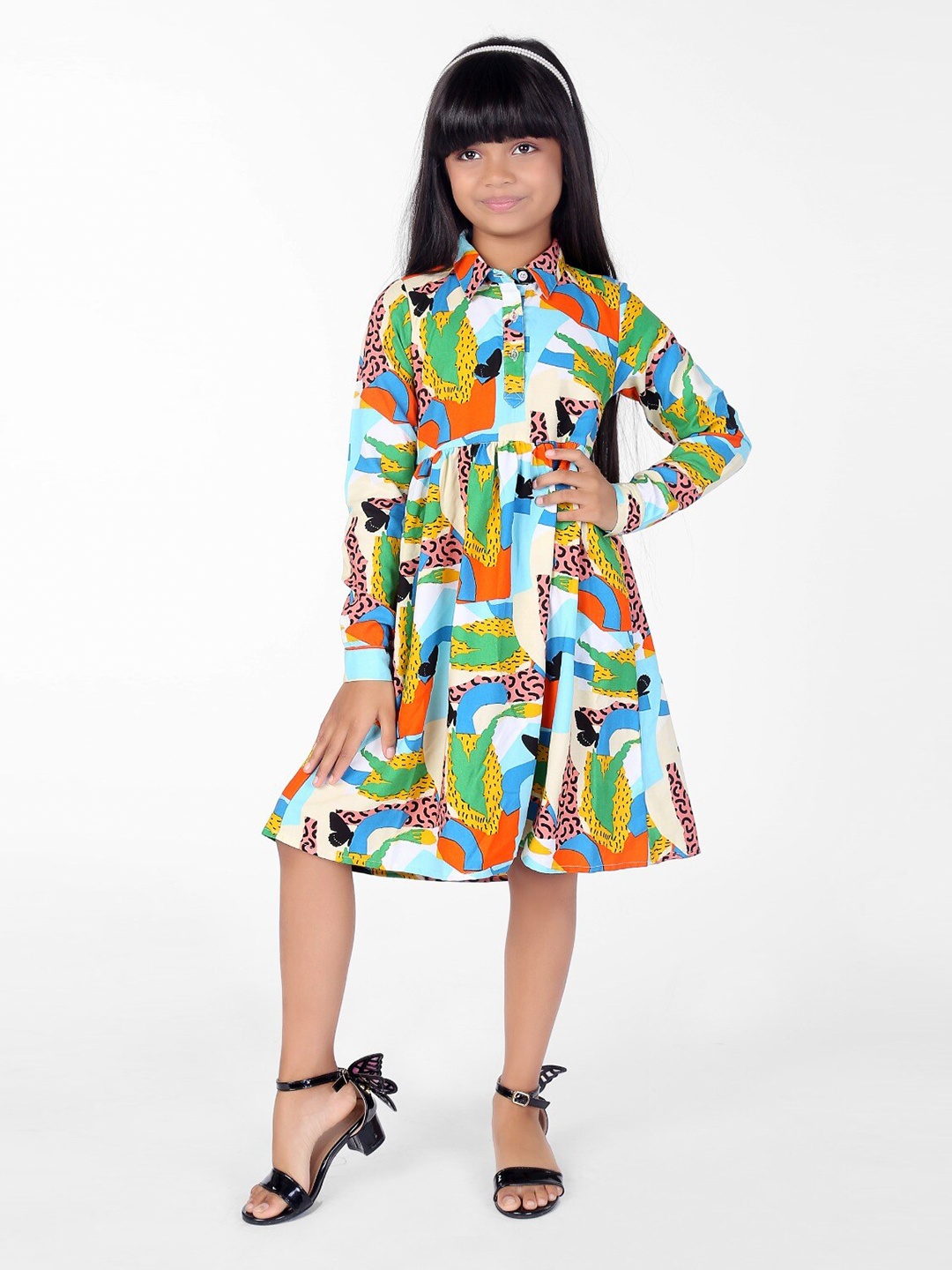 

ZIP ZAP ZOOP Girls Abstract Printed Shirt Collar Pure Cotton Fit & Flare Dress, Green