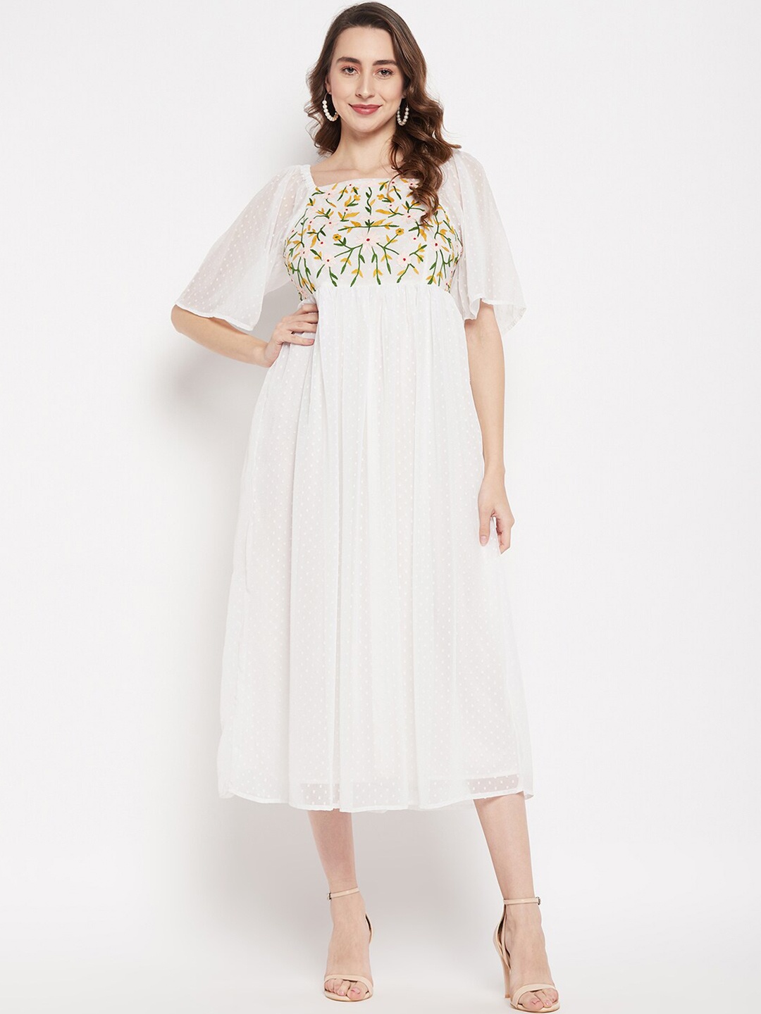 

BAESD Geometric Self Design Embroidered Detailed Fit & Flare Midi Dress, White
