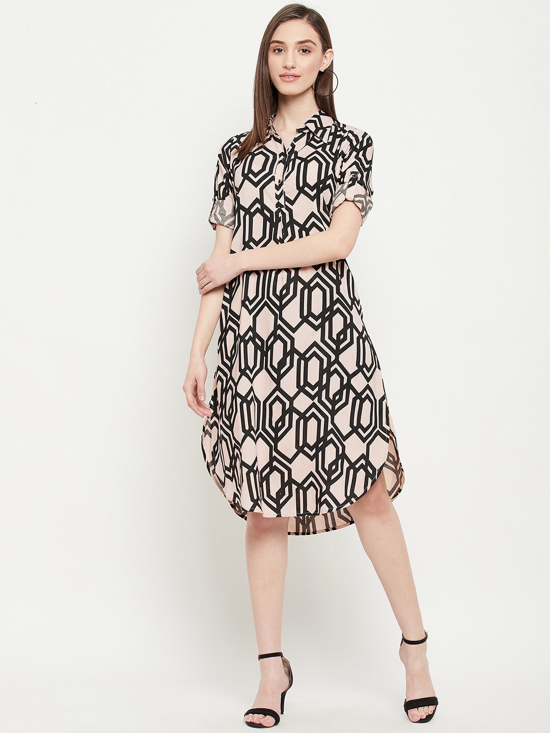

BAESD Geometric Printed Shirt Collar Roll-Up Sleeves Shirt Dress, Beige