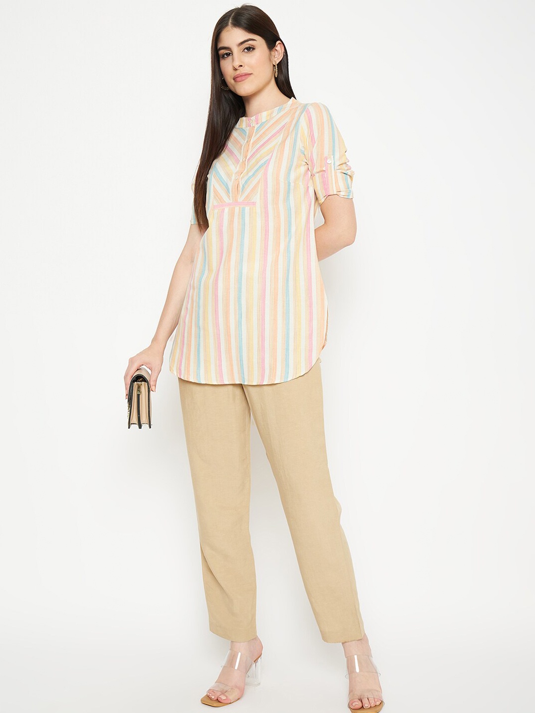 

BAESD Striped Mandarin Collar Roll-Up Sleeves Cotton Shirt Style Top, Navy blue