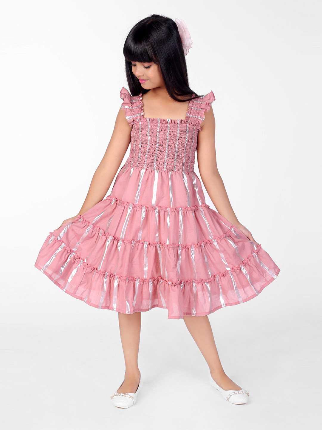 

ZIP ZAP ZOOP Girls Striped Square Neck Smocked Pure Cotton Fit & Flare Midi Dress, Pink