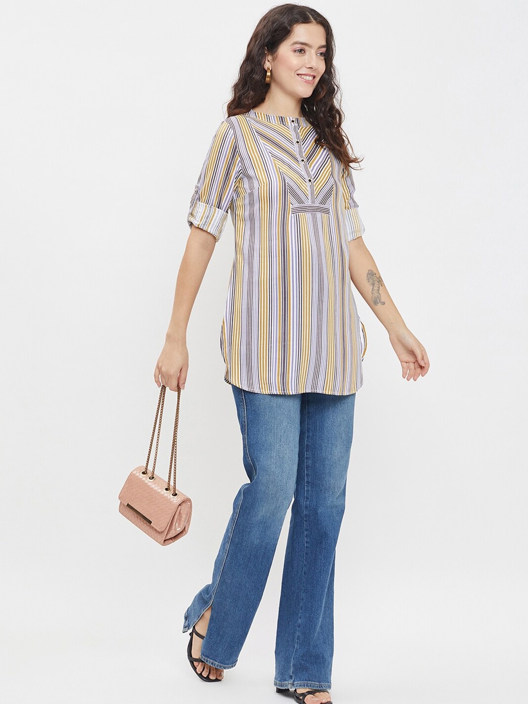 

BAESD Striped Mandarin Collar Roll-Up Sleeves Cotton Shirt Style Top, Navy blue