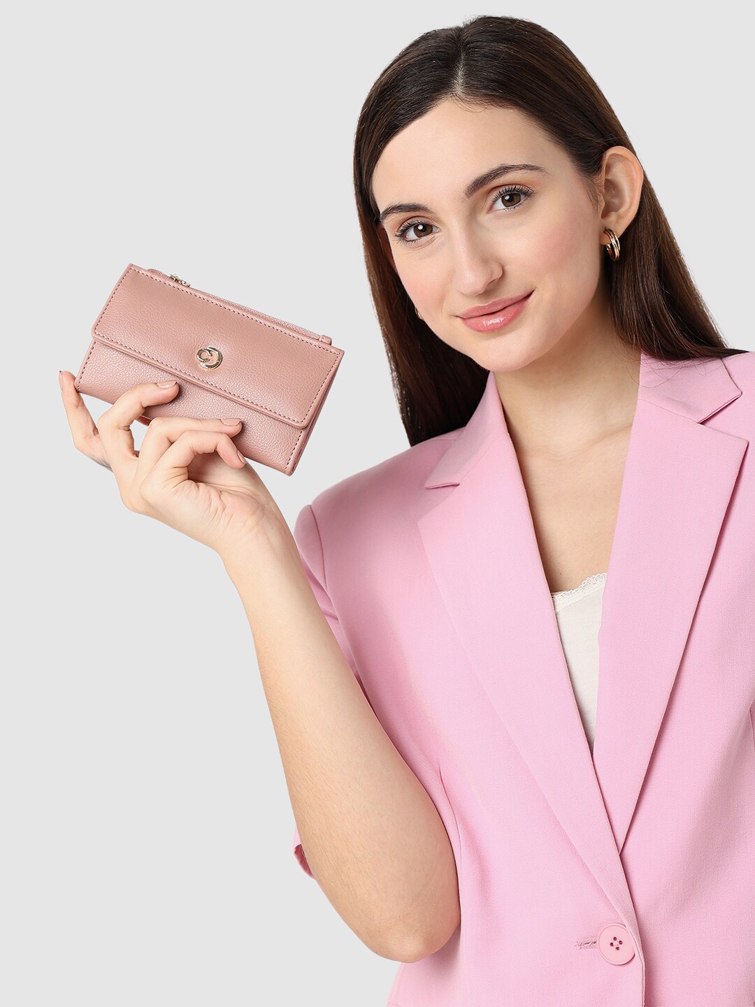 

Caprese Women Textured Three Fold Wallet, Pink