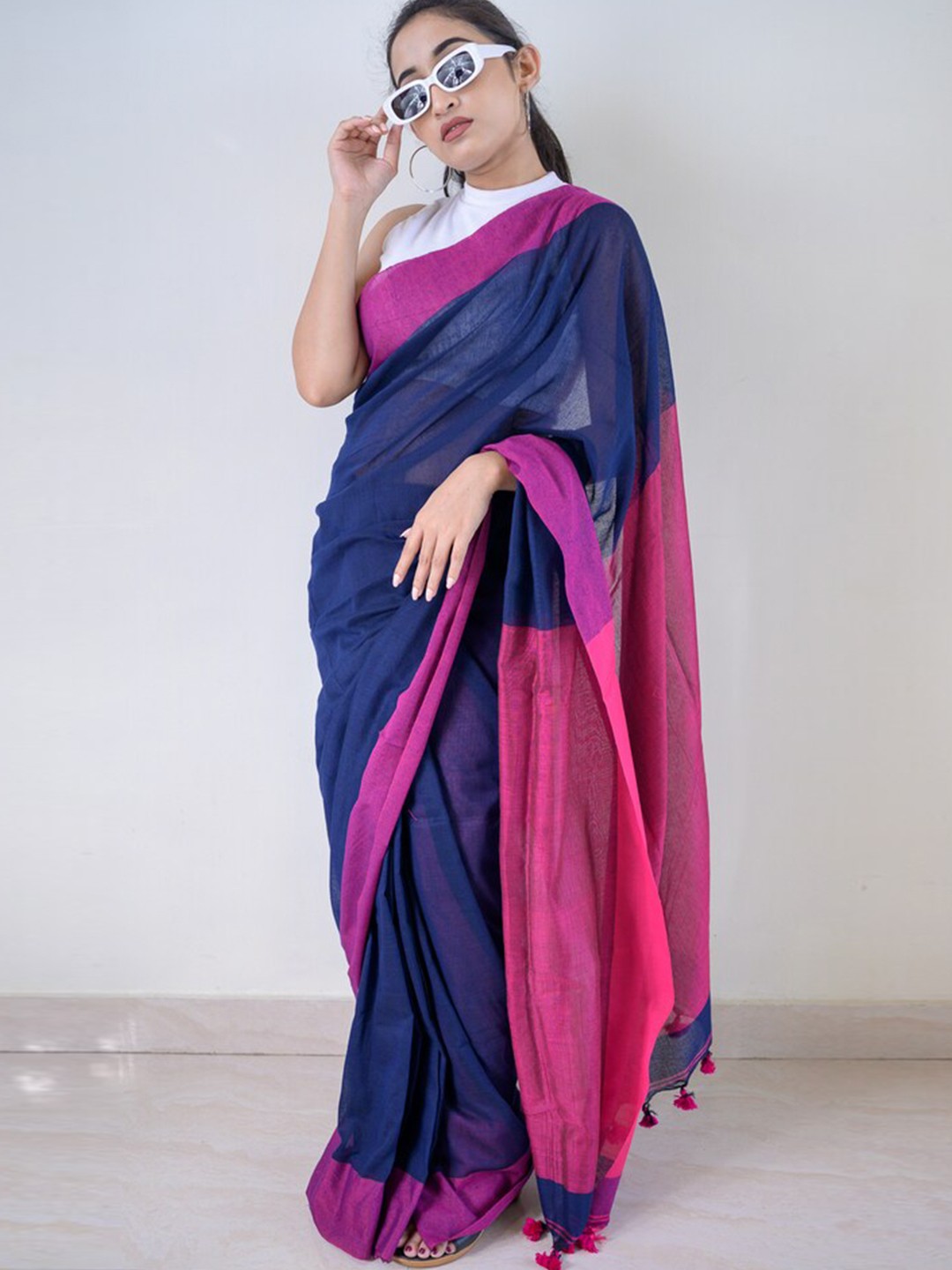 

RODDUR Pure Cotton Saree, Navy blue