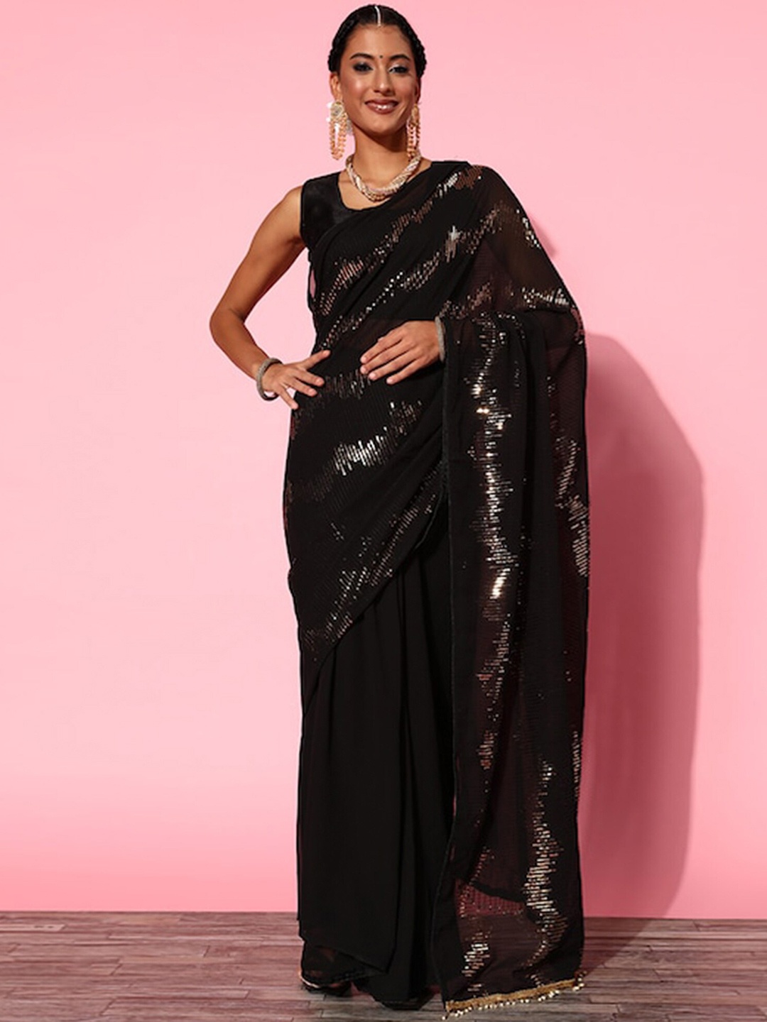 

Peachmode Embellished Sequinned Pure Georgette Saree, Black