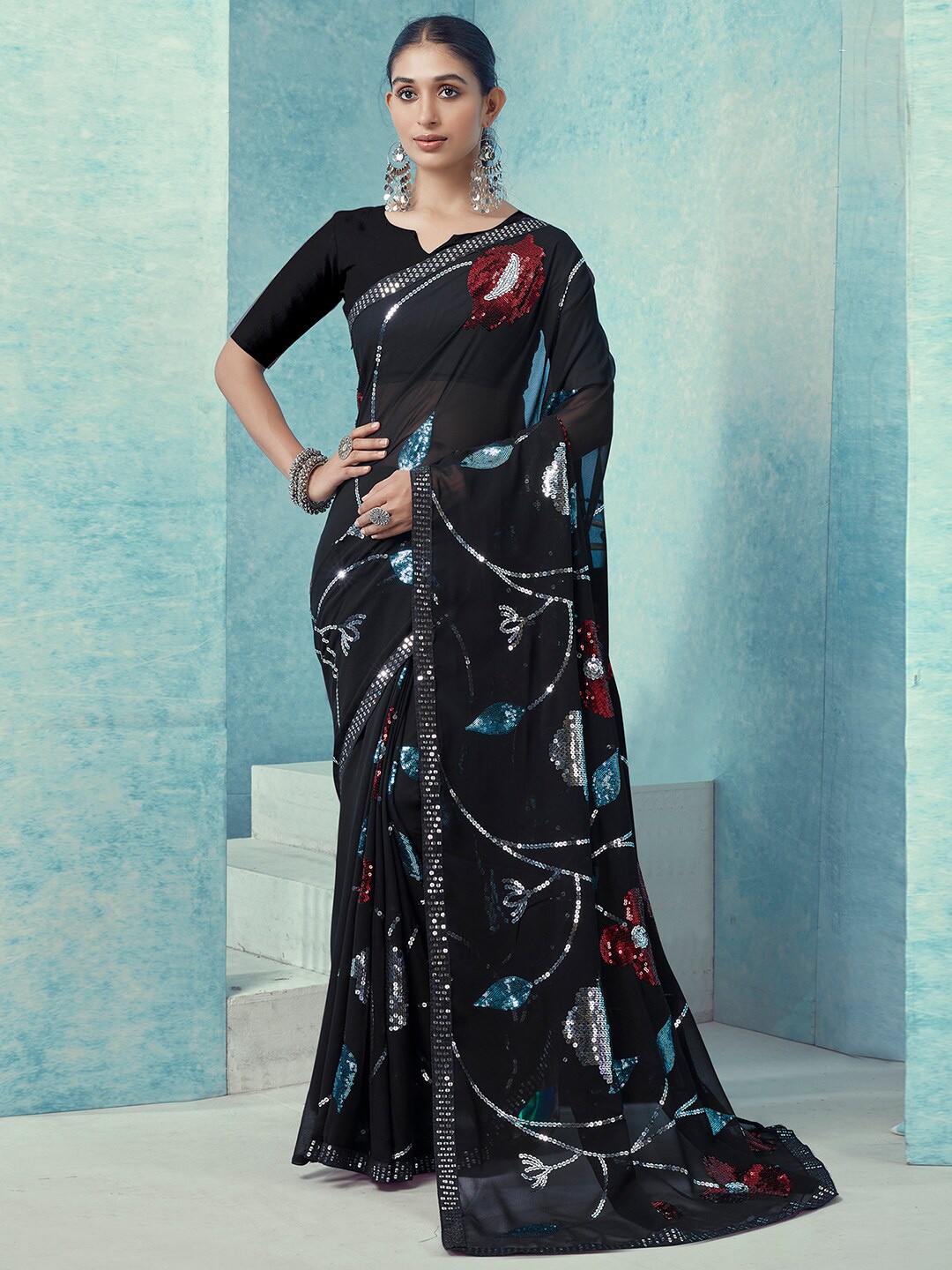 

Peachmode Floral Sequinned Pure Georgette Saree, Black