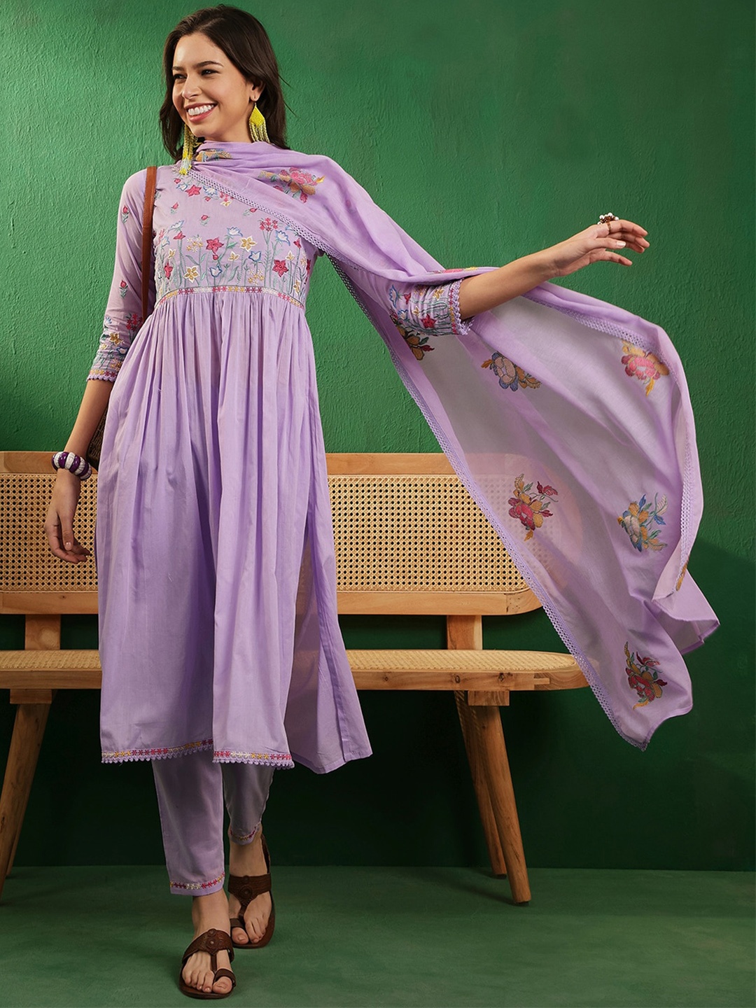 

Sangria Round Neck Floral Embroidered Pure Cotton A Line Kurta with Trouser & Dupatta, Lavender