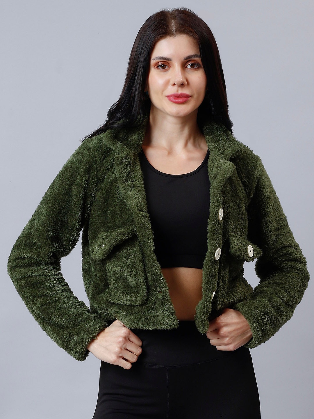 

NUEVOSDAMAS Spread Collar Fleece Crop Tailored Jacket, Olive